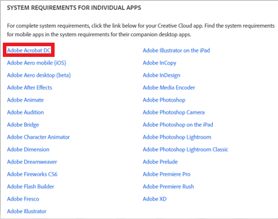 Adobe的列表应用程序链接到系统需求